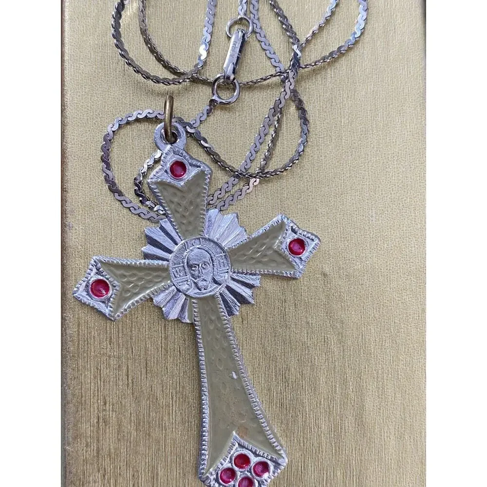Russian Orthodox Cross Pendant Silvertone with Enameling Sterling Chain Stamped